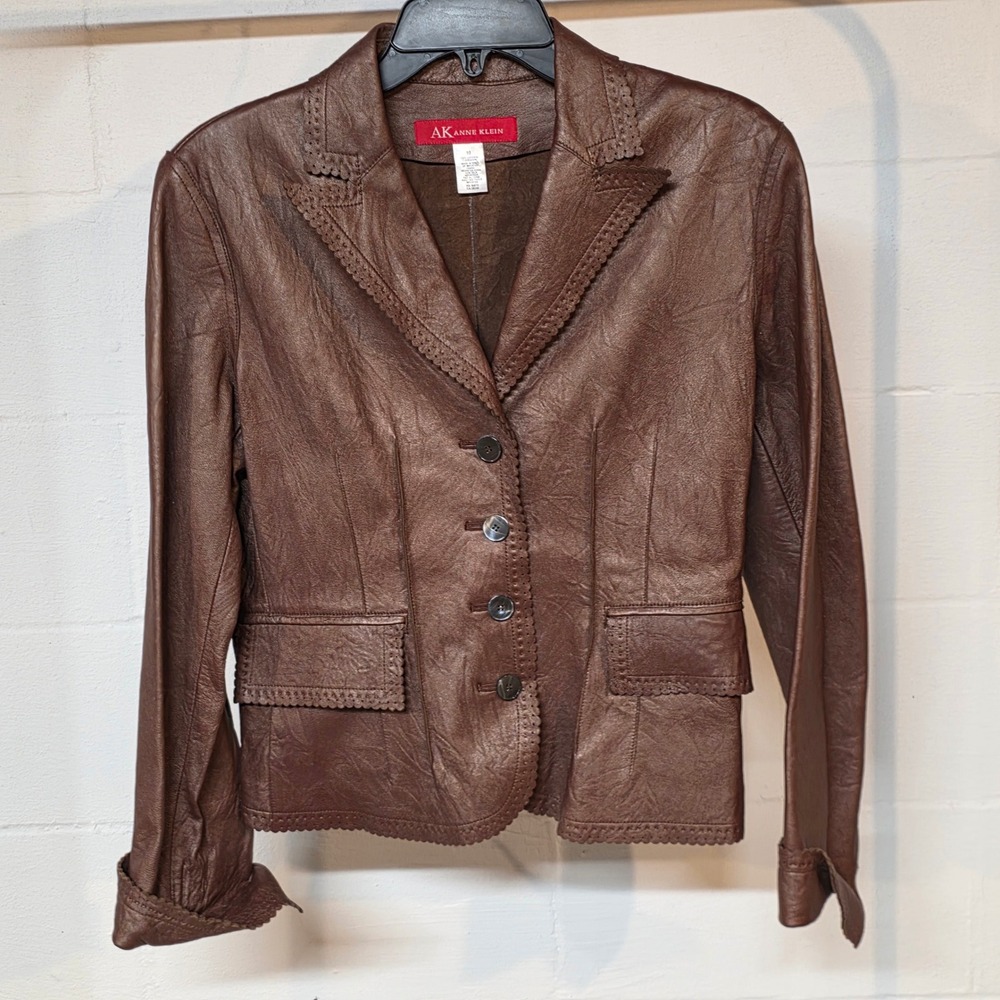 90s Anne Klein Brown 100% Leather Jacket Scalloped Laser Cut Western Boho Fall